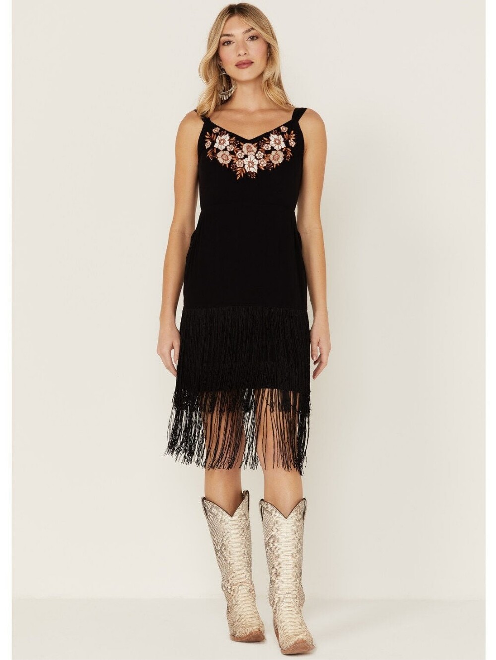 Idyllwind Miranda Lambert Black Floral Embroidered Fringe Mini Dress Medium
